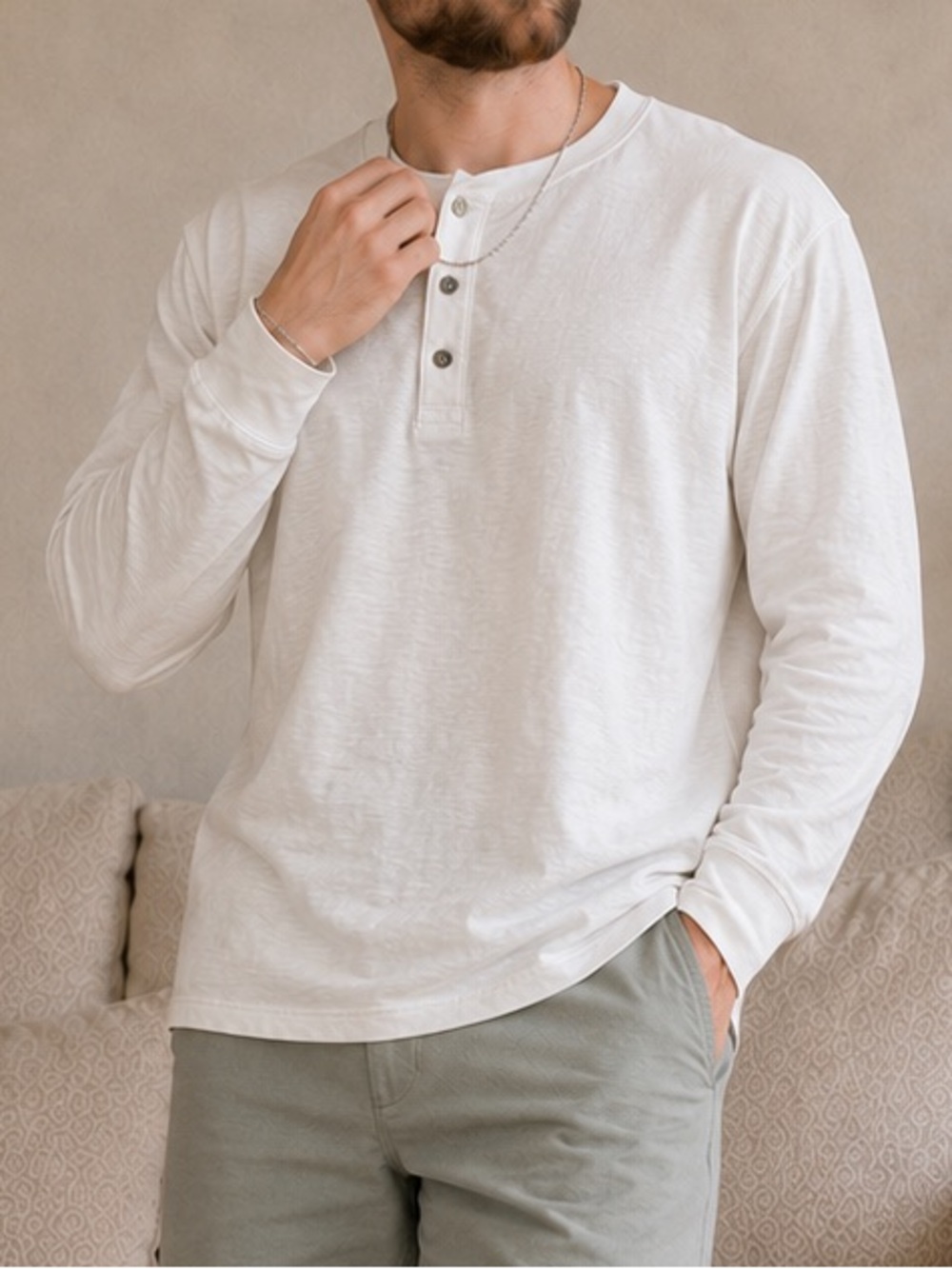 Thread & Cloth White Cotton Slub Long Sleeve Henley Tee Men's M Relaxed Fit, M